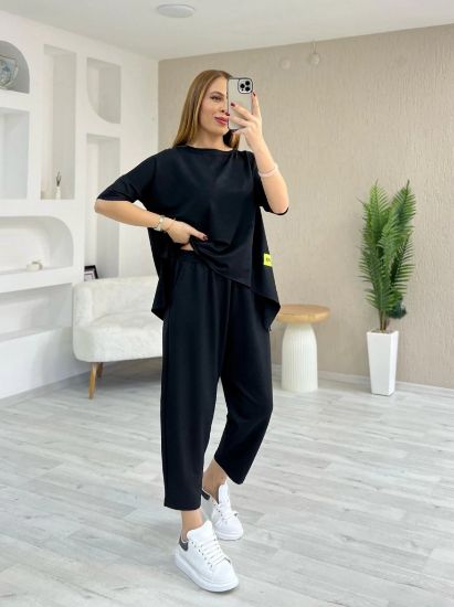 Kadın Kısa Kollu Bisiklet Yaka Viskon Iki Iplik Bluz Ve Pantolon Ikili Takım resmi